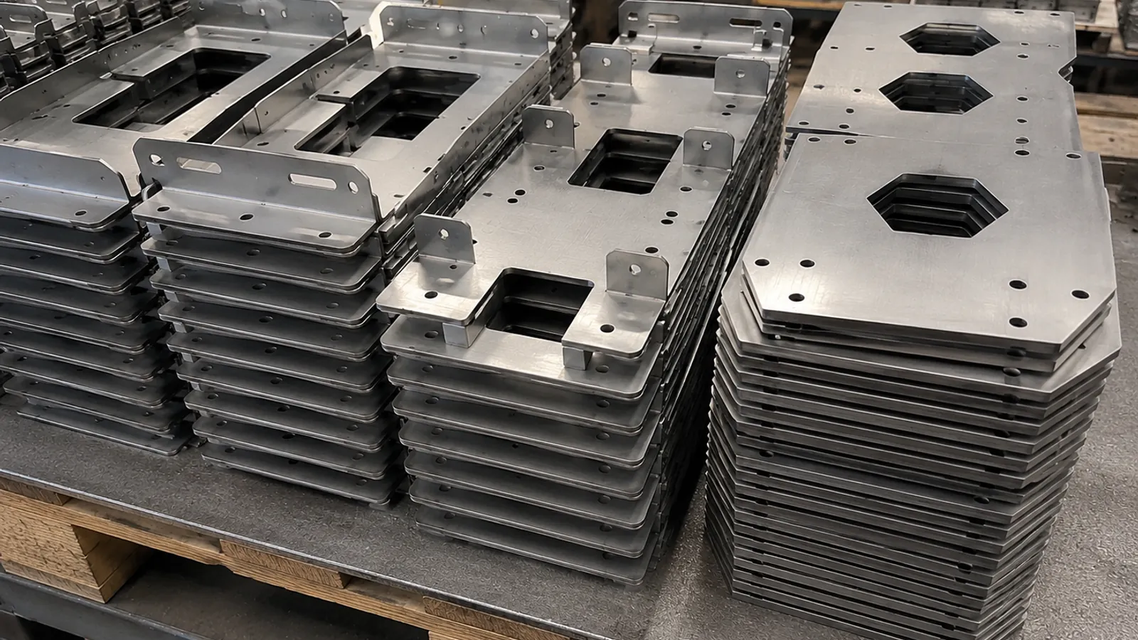 Placas de aluminio 3003 cortadas a láser con barrenos y ventanas, estibadas por lote