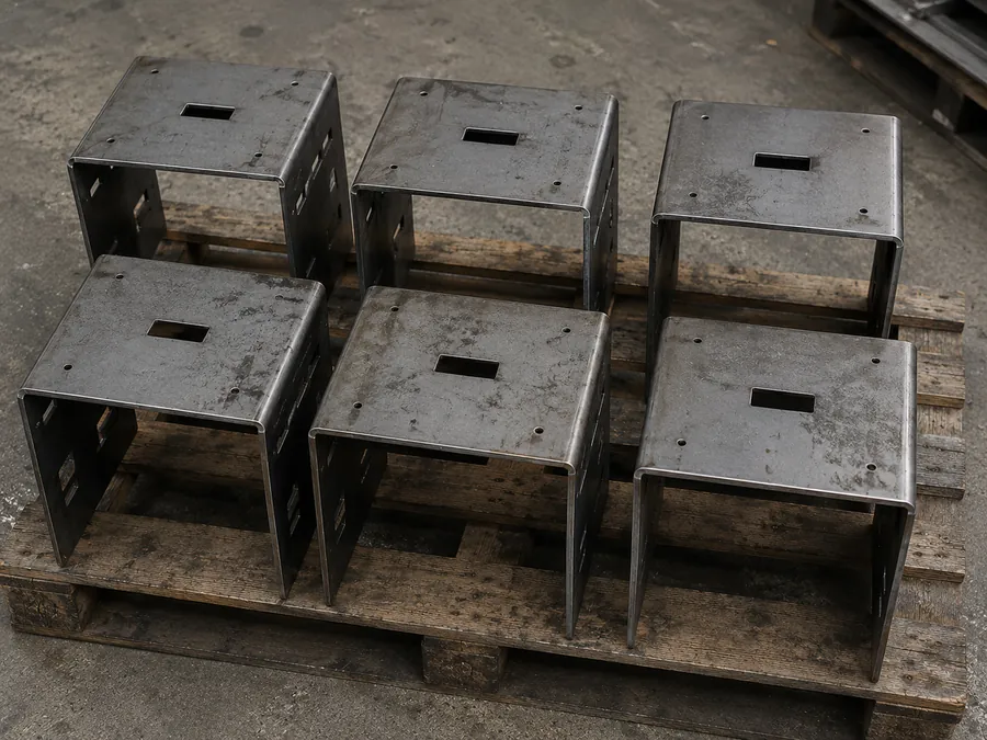 Piezas de acero al carbón A36 cortadas y dobladas con láser, estibadas en tarima